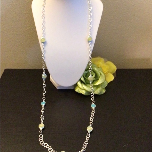 NWOT. Silver Tone Chain, Blue & Yellow Long Necklace. - Picture 3 of 6